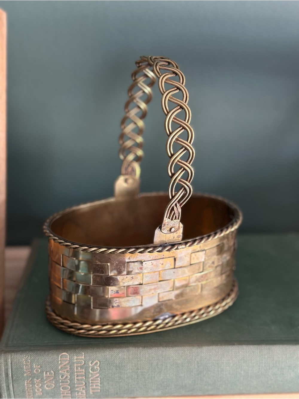 Vintage Brass Woven Basket with Decorative Handle
